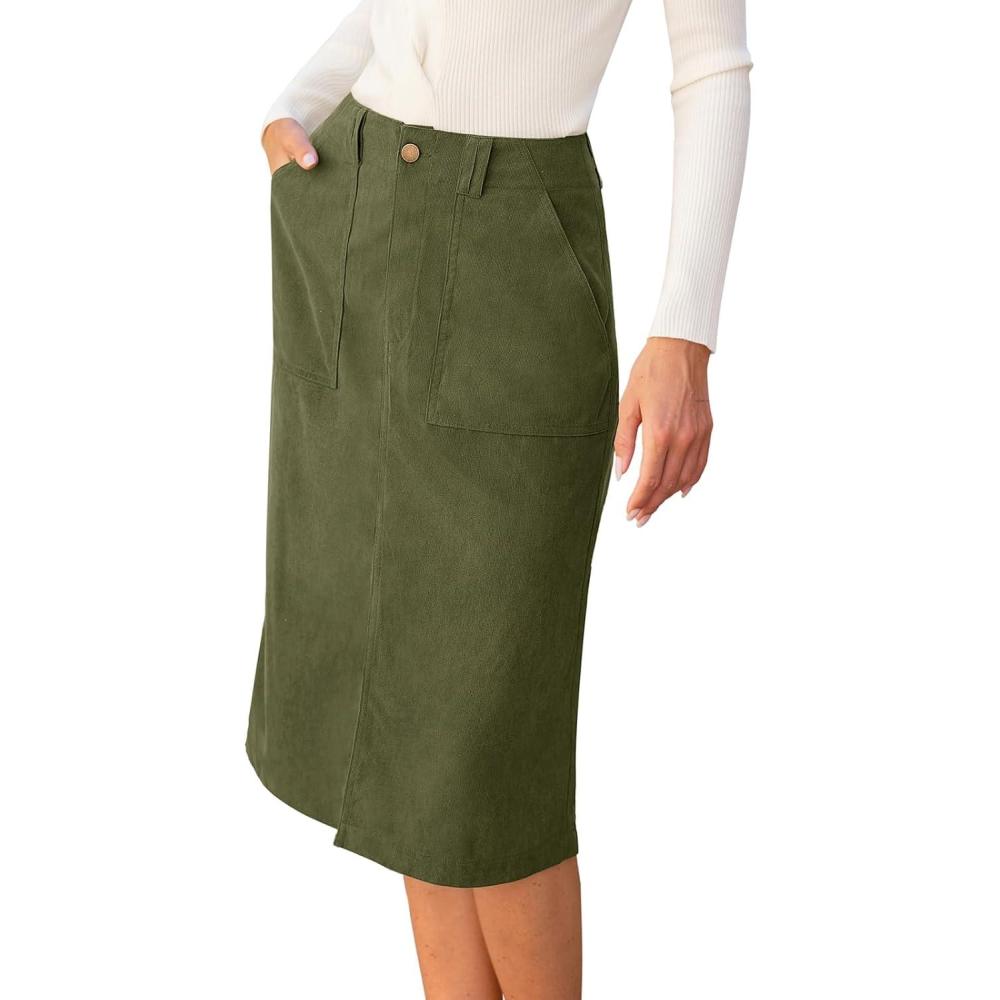 imageCUPSHE Womens Corduroy Midi Skirts High Waisted Pencil Skirts with Slit Slim Fit Skirt with PocketsGreen