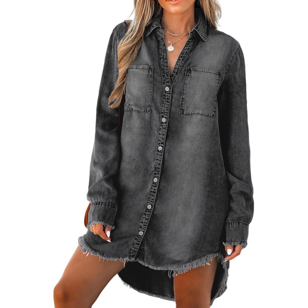 imageCUPSHE Womens Denim Shirt Dress Long Sleeve Button Down Casual Loose Jean Dresses with PocketsBlack