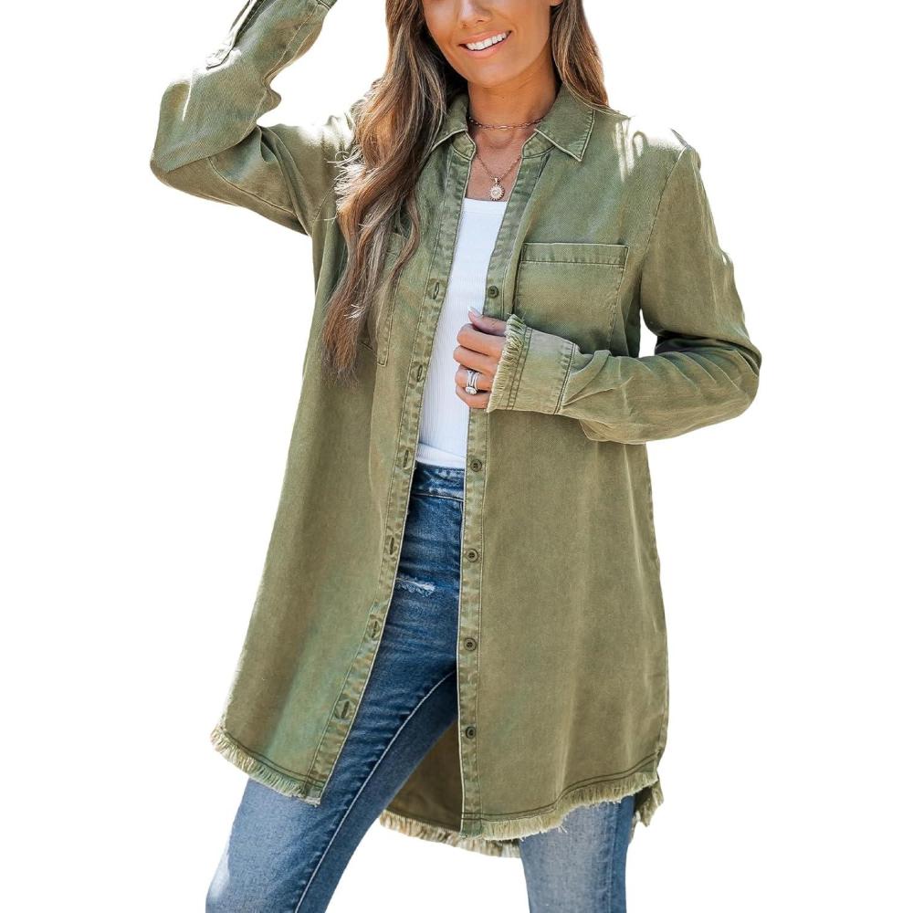 imageCUPSHE Womens Denim Shirt Dress Long Sleeve Button Down Casual Loose Jean Dresses with PocketsOlive