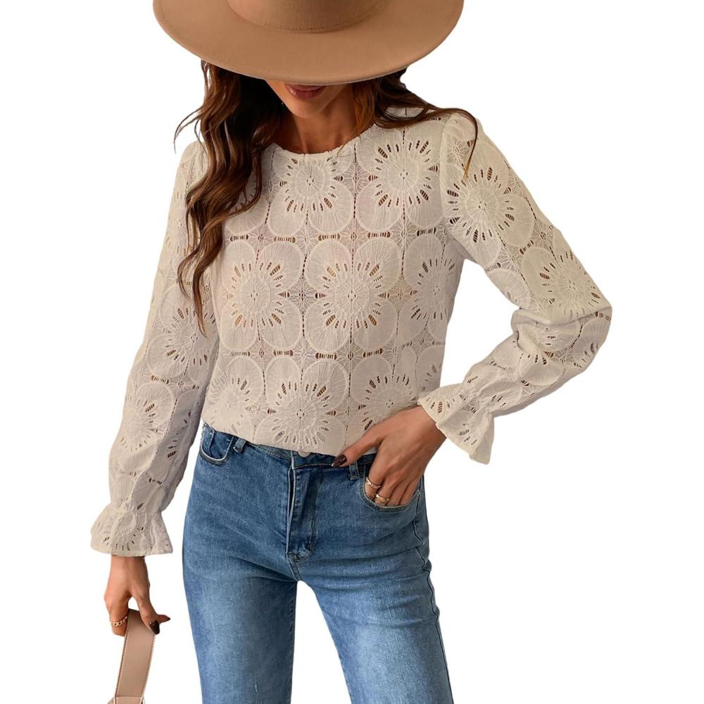imageCUPSHE Womens Eyelet Long Sleeve Tops Shirts Dressy Hollow Out Crochet Lace Embroidered Blouses 2026 FashionBeige