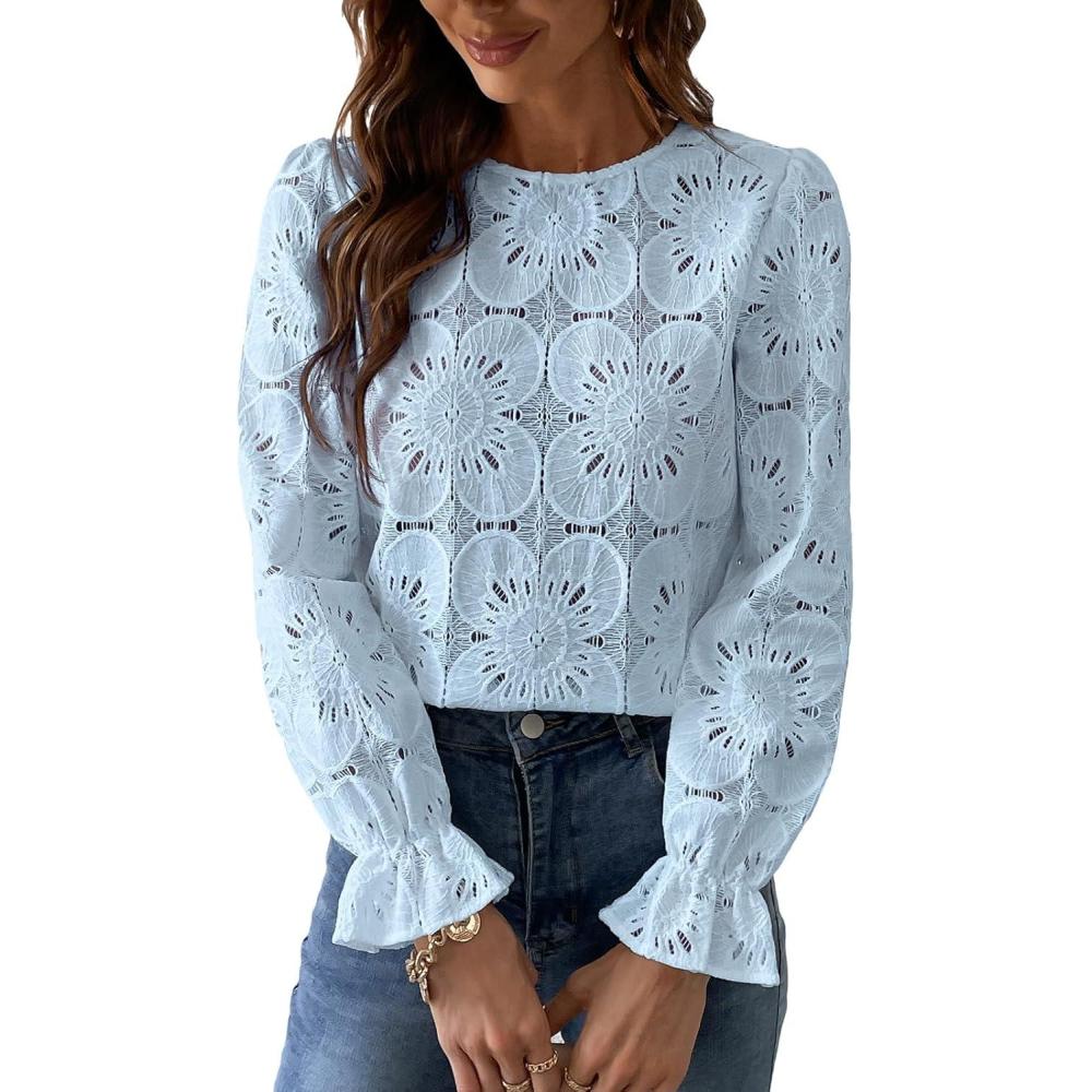 imageCUPSHE Womens Eyelet Long Sleeve Tops Shirts Dressy Hollow Out Crochet Lace Embroidered Blouses 2026 FashionBlue