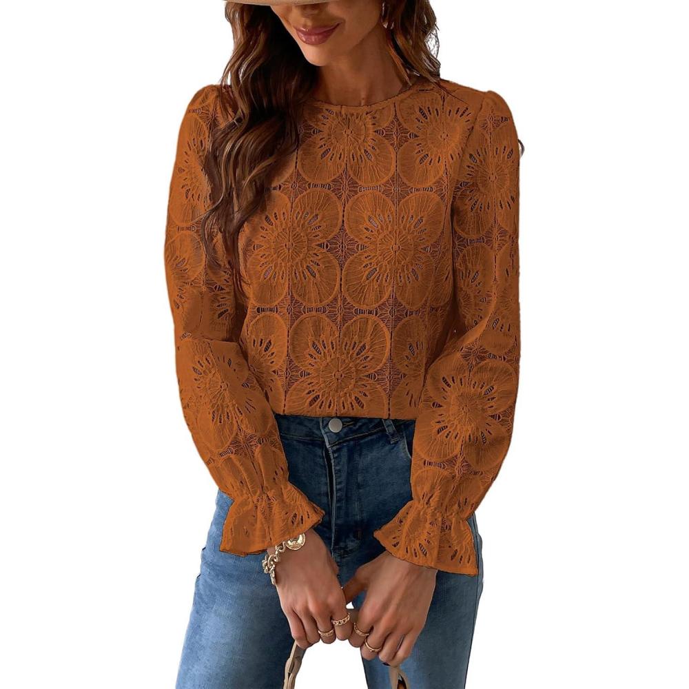 imageCUPSHE Womens Eyelet Long Sleeve Tops Shirts Dressy Hollow Out Crochet Lace Embroidered Blouses 2026 FashionBrick Red