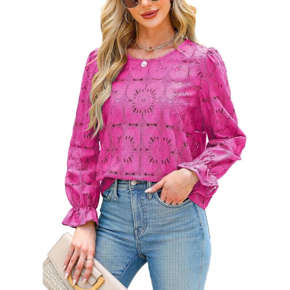imageCUPSHE Womens Eyelet Long Sleeve Tops Shirts Dressy Hollow Out Crochet Lace Embroidered Blouses 2026 FashionFuchsia