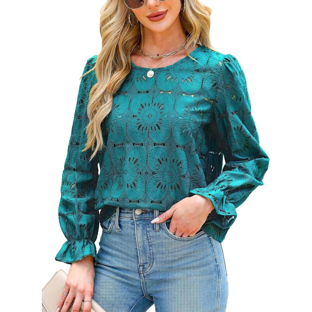 imageCUPSHE Womens Eyelet Long Sleeve Tops Shirts Dressy Hollow Out Crochet Lace Embroidered Blouses 2026 FashionLake Blue