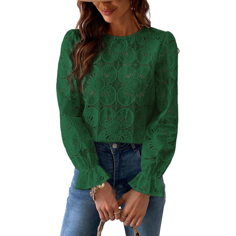 imageCUPSHE Womens Eyelet Long Sleeve Tops Shirts Dressy Hollow Out Crochet Lace Embroidered Blouses 2026 FashionMint Green