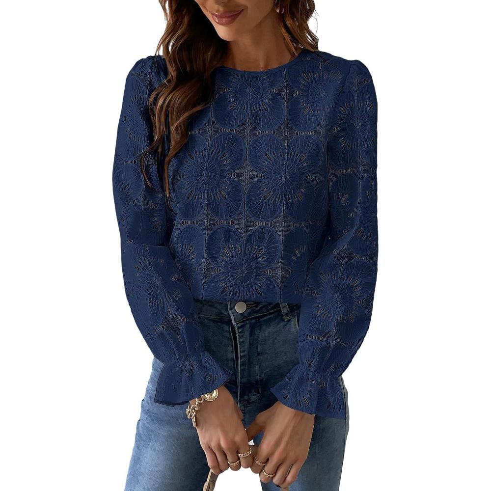 imageCUPSHE Womens Eyelet Long Sleeve Tops Shirts Dressy Hollow Out Crochet Lace Embroidered Blouses 2026 FashionNavy Blue