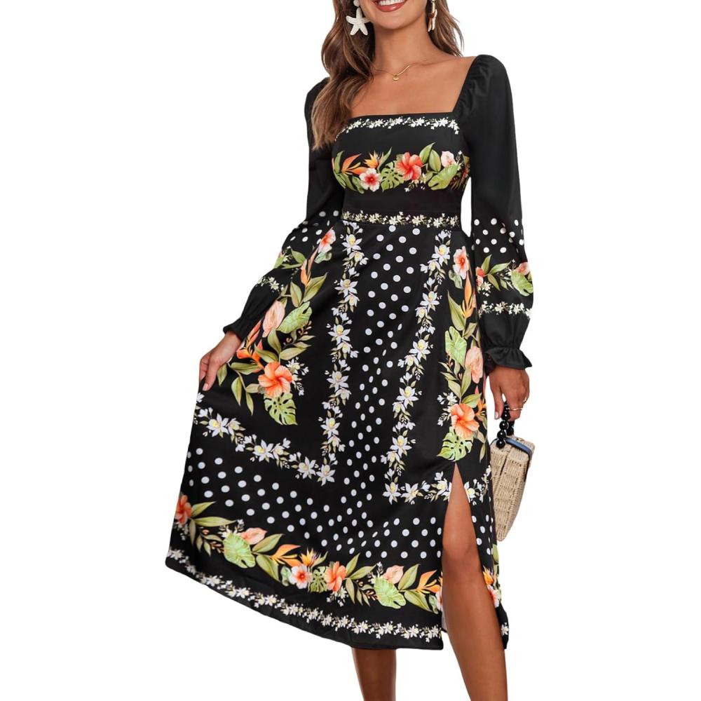 imageCUPSHE Womens Fall Dresses Floral Square Neck Long Puff Sleeve Flowy Casual A Line Midi DressBlack