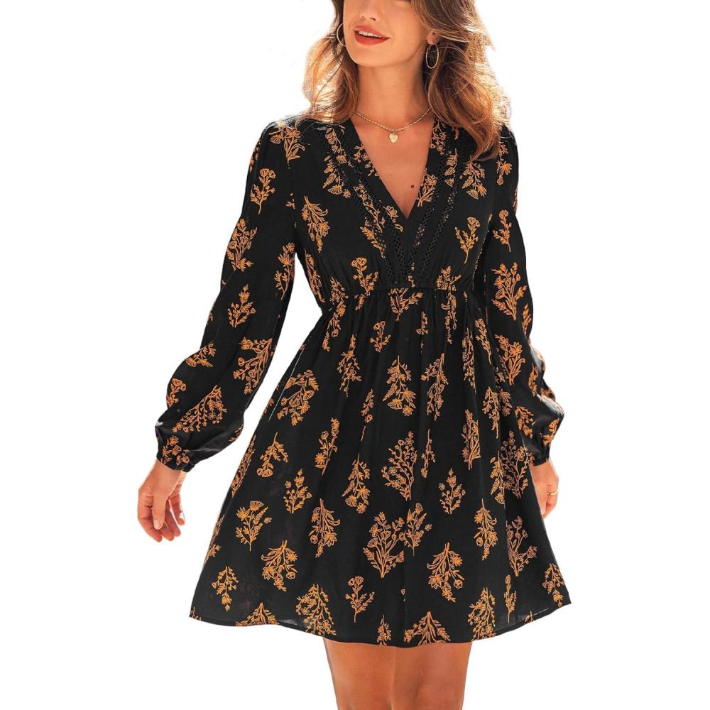 imageCUPSHE Womens Fall Dresses Floral V Neck Lace Cutout Long Sleeve Smocked A Line Mini DressBlack