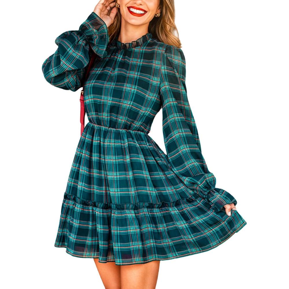 imageCUPSHE Womens Fall Dresses Long Sleeve Ruffled Holiday High Neck Casual Outfit Plaid Christmas Mini DressGreen Plaid