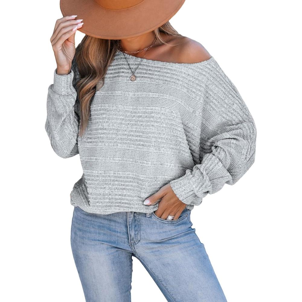 imageCUPSHE Womens Fashion Long Sleeve Crewneck Knitted Ribbed Shirts Pullover Sweaters Casual Loose TopsGrey