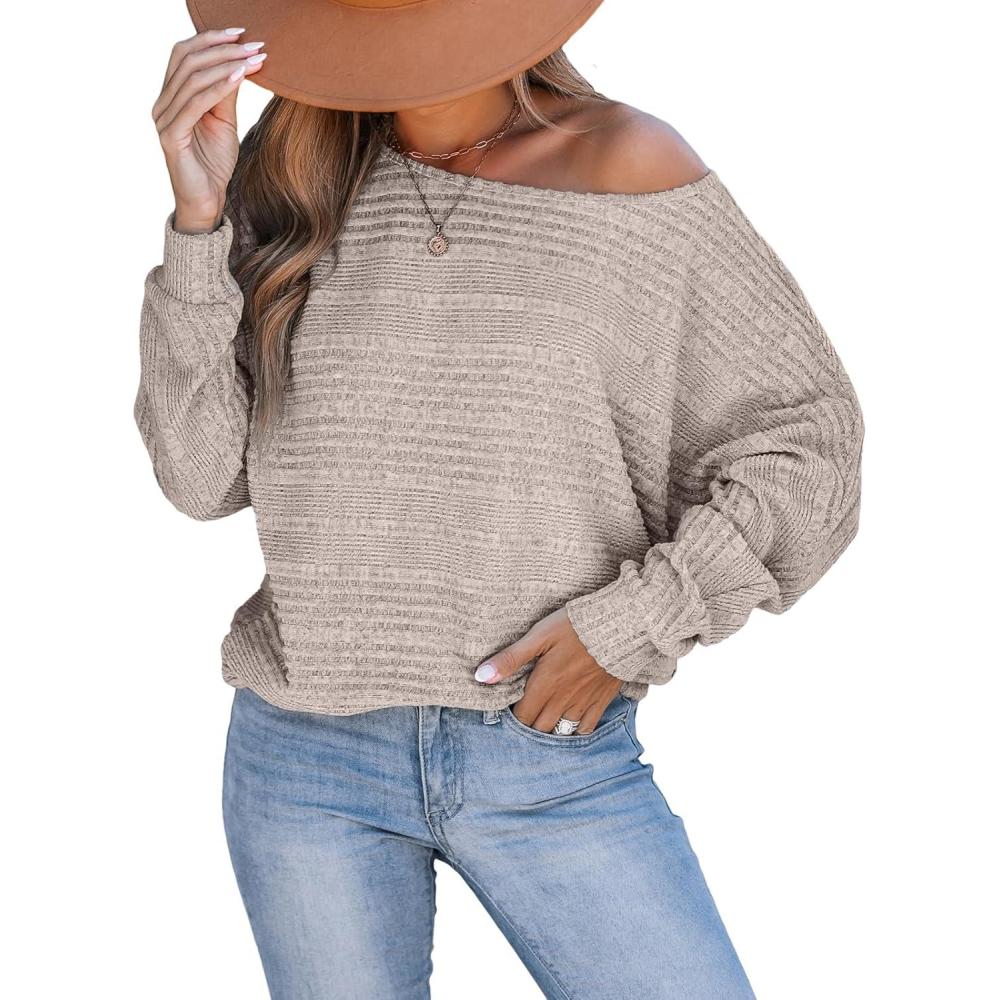 imageCUPSHE Womens Fashion Long Sleeve Crewneck Knitted Ribbed Shirts Pullover Sweaters Casual Loose TopsKhaki