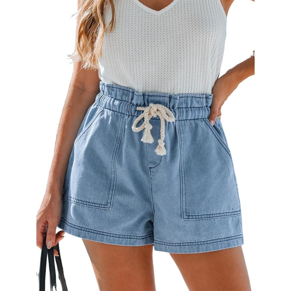 imageCUPSHE Womens High Waisted Shorts Drawstring Casual Loose Fit Summer Jean Short Pocket Soft Lightweight Elastic PantBlue
