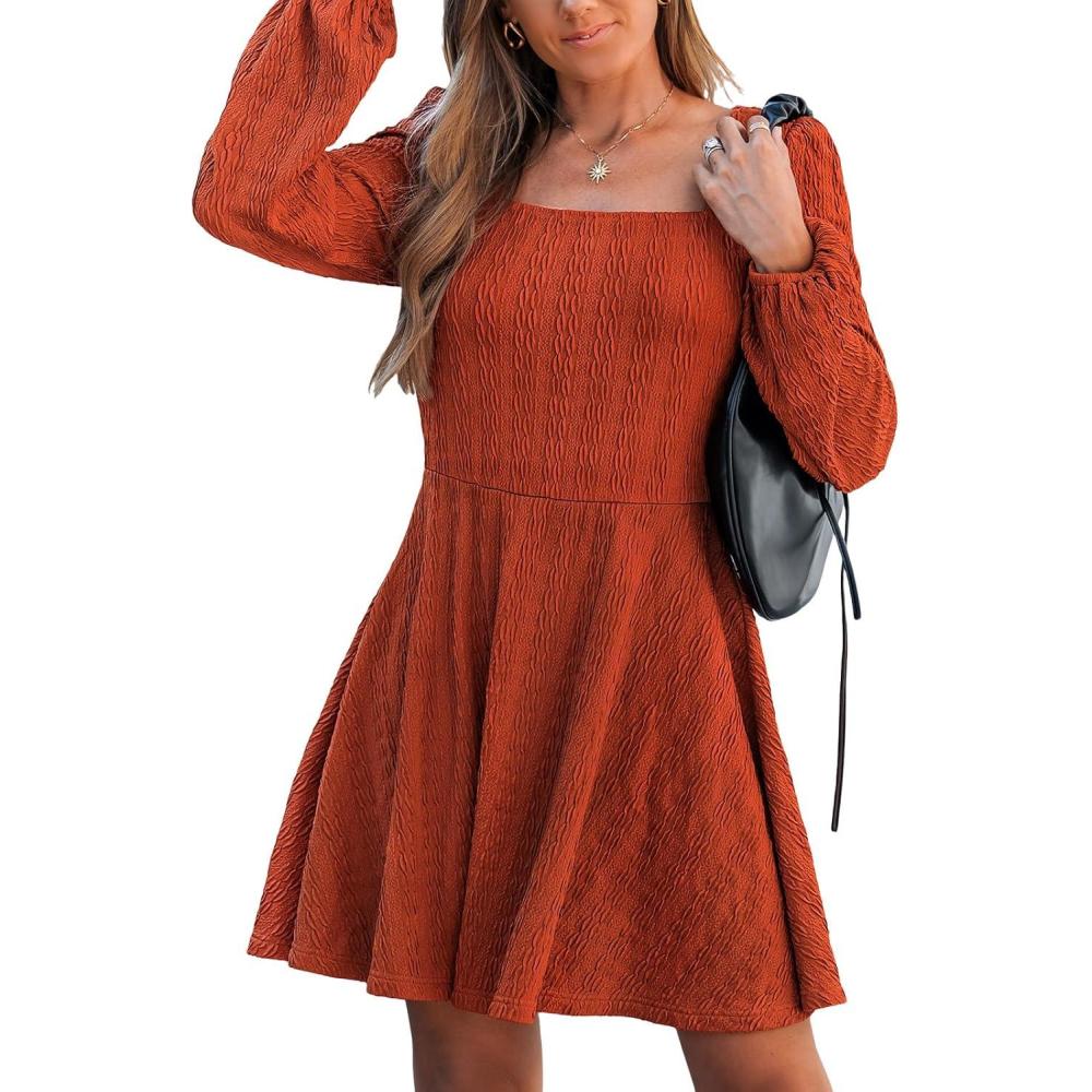 imageCUPSHE Womens Knit Fall Mini Dress Long Sleeves Square Neck Ruffle A Line DressesOrange