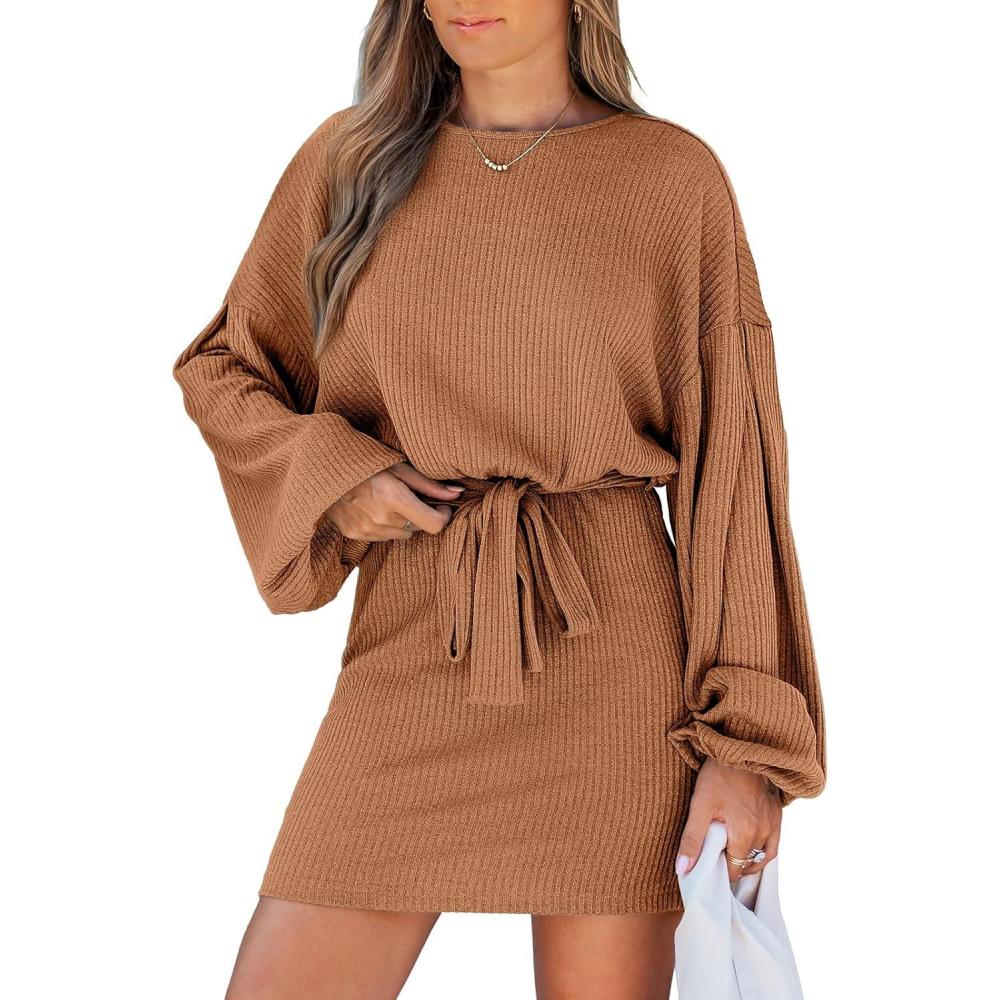 imageCUPSHE Womens Knit Mini Dresses Lantern Long Sleeve Casual Belted Back Tie Vacation Cocktail DressBrown