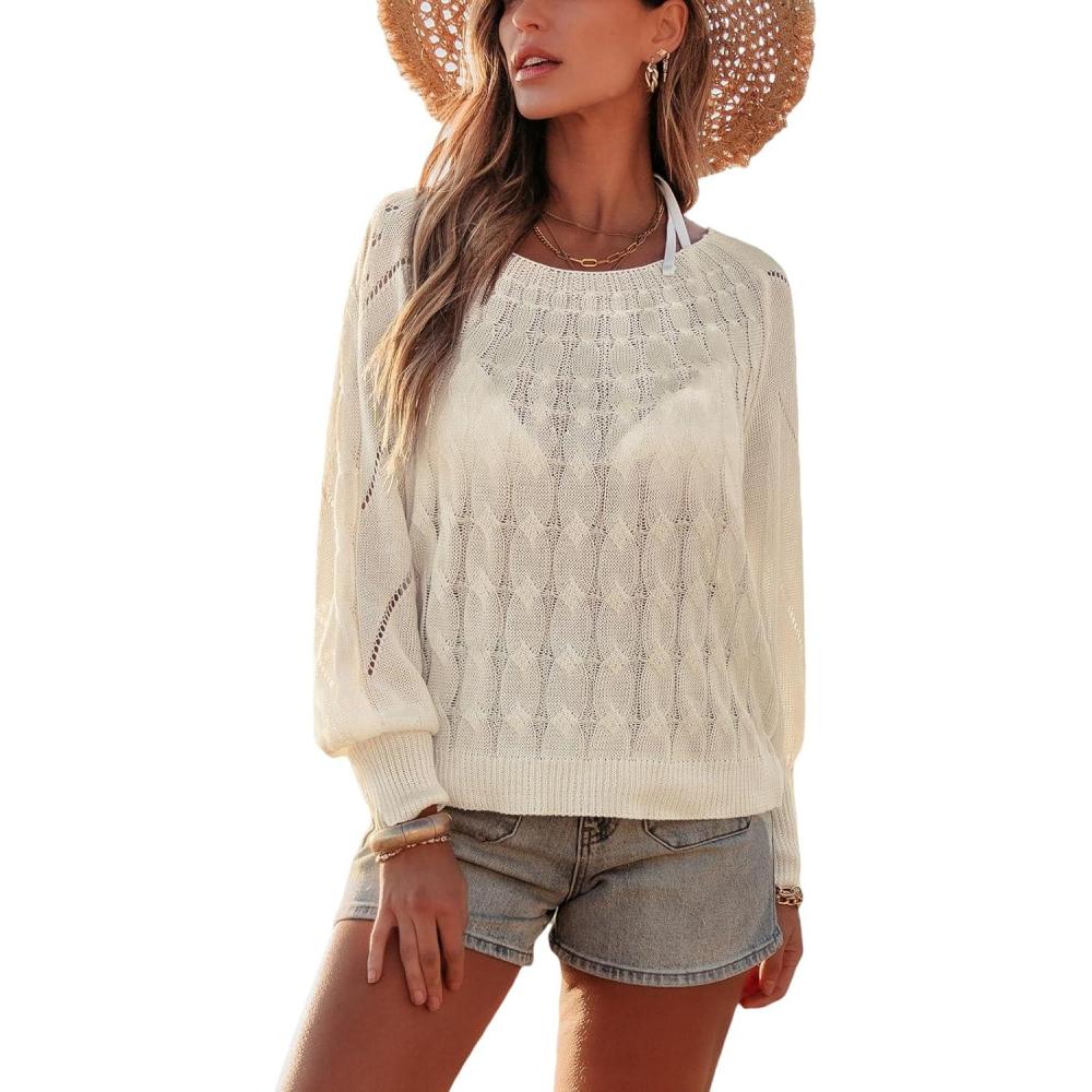 imageCUPSHE Womens Knit Tops Casual Long Sleeve Lightweight Top Bathing Suit Cover UpBeige