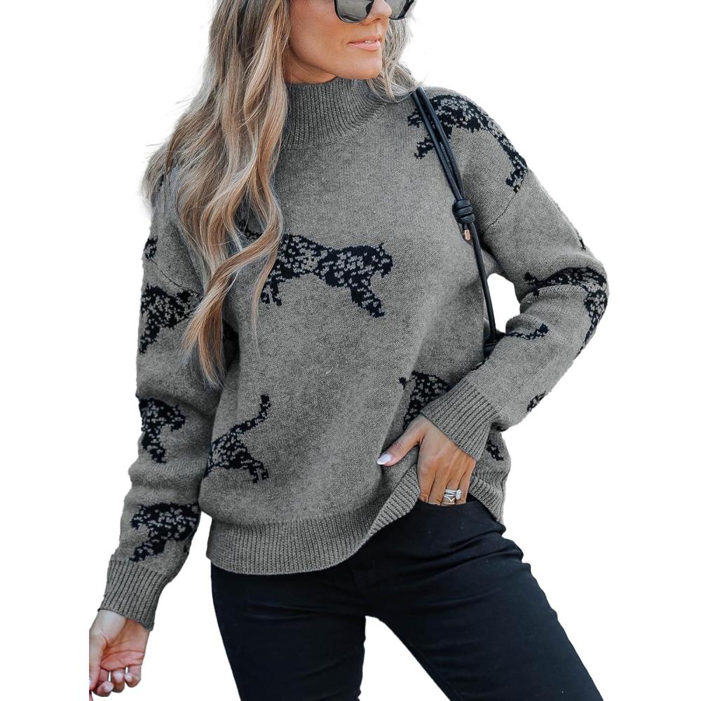 imageCUPSHE Womens Leopard High Neck Long Sleeve Fall Sweaters Cozy Knit Pullover Sweater Jumper TopGrey
