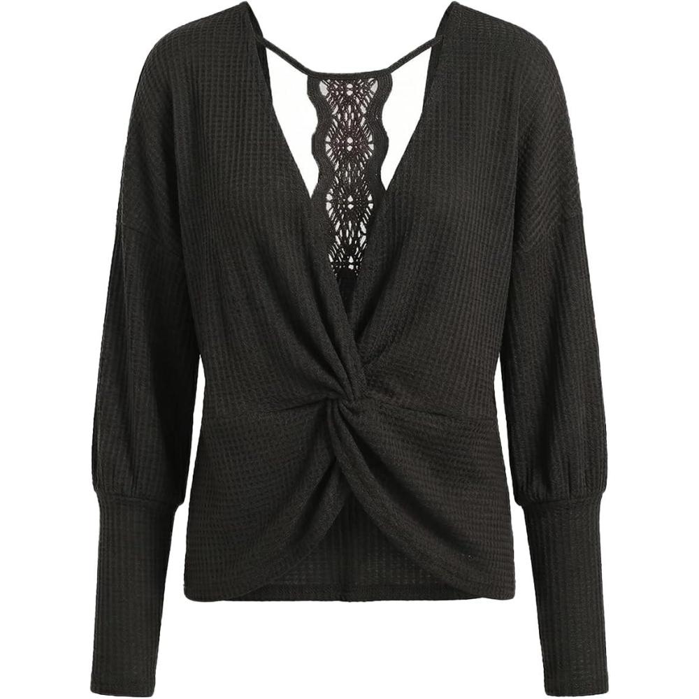 imageCUPSHE Womens Long Sleeve Crewneck Blouse Sexy Back Lace Ribbed Knit TopsBlack