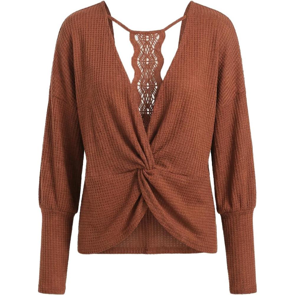 imageCUPSHE Womens Long Sleeve Crewneck Blouse Sexy Back Lace Ribbed Knit TopsBrown