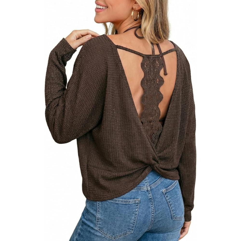 imageCUPSHE Womens Long Sleeve Crewneck Blouse Sexy Back Lace Ribbed Knit TopsCoffee Brown