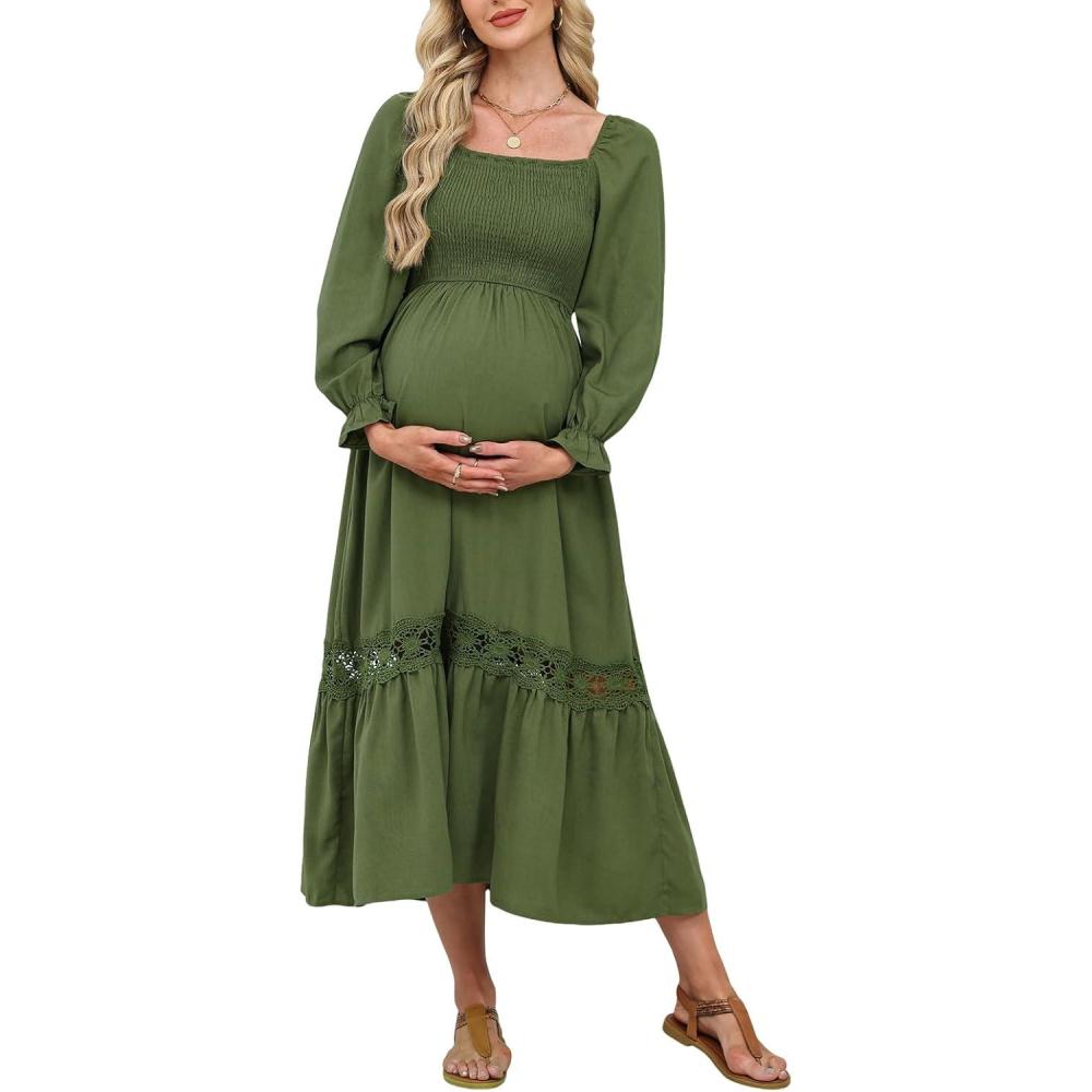 imageCUPSHE Womens Maternity Maxi Dresses Square Neck Smocked Baby Shower Long Sleeve Ruffled Fashion Casual Fall Pregnancy DressOlive Green