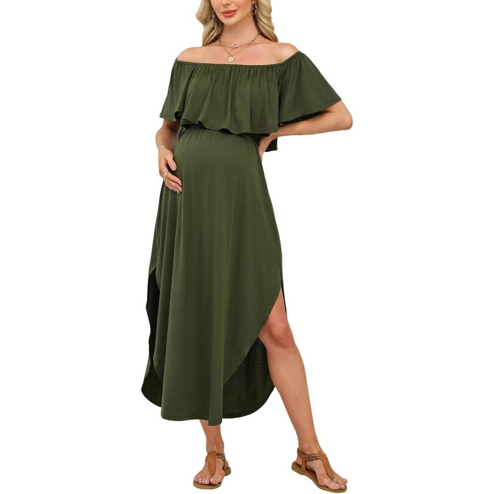 imageCUPSHE Womens Maxi OffShoulder Maternity Dress Summer Casual Sleeveless Ruffled Trim Photoshoot DressesGreen