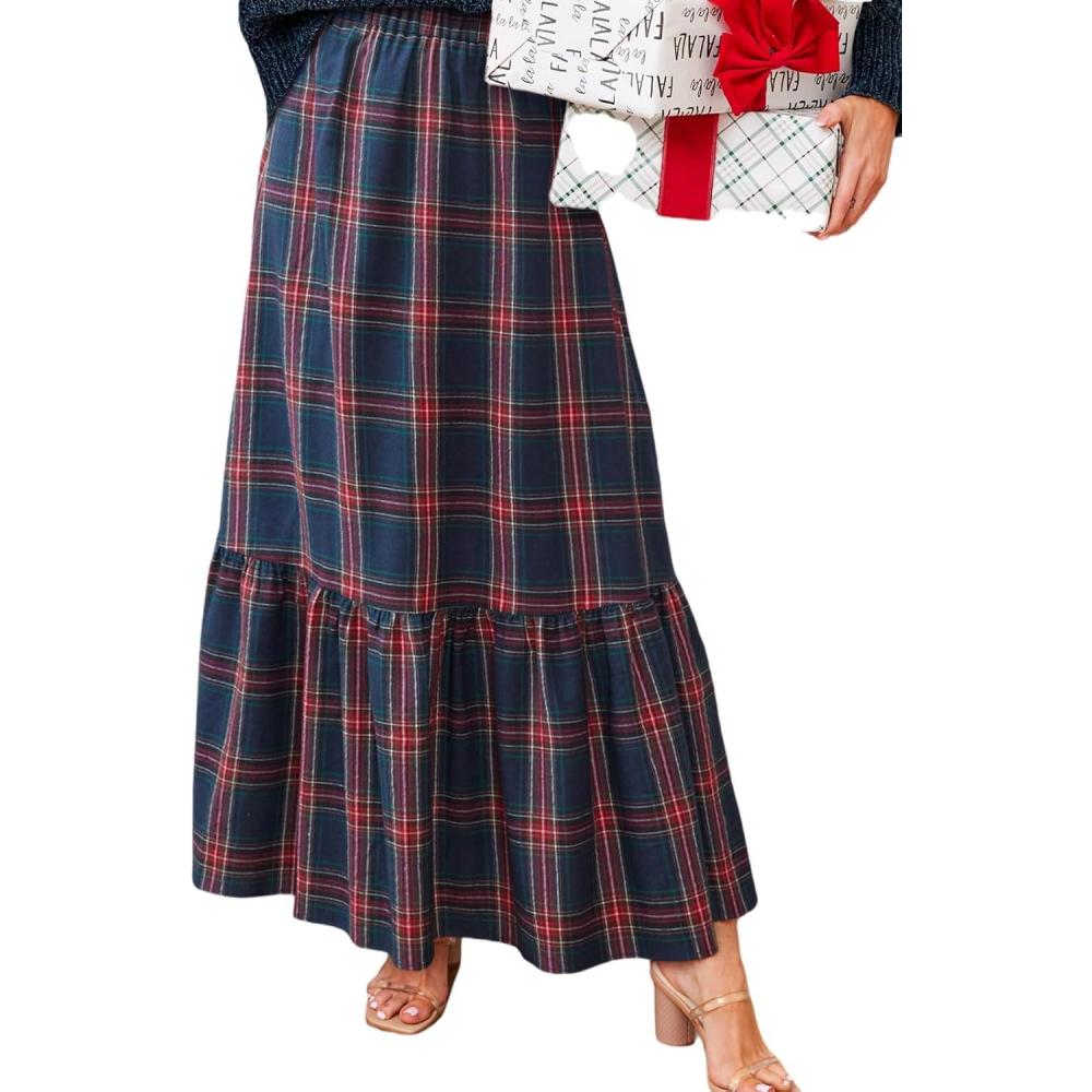 imageCUPSHE Womens Maxi Skirts Tartan Ruffled Skirt Plaid Holiday Christmas HighRise Waist Xmas Long SkirtBlue