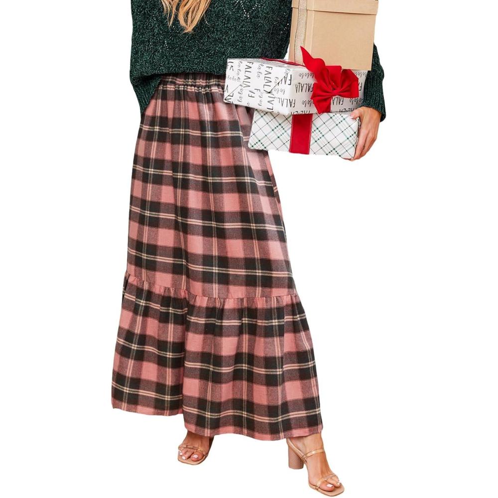 imageCUPSHE Womens Maxi Skirts Tartan Ruffled Skirt Plaid Holiday Christmas HighRise Waist Xmas Long SkirtPink