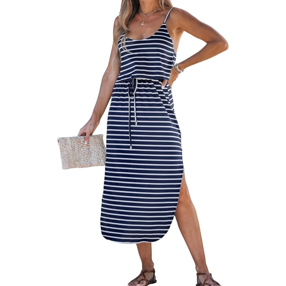 imageCUPSHE Womens Midi Dress Scoop Neck Ruffled Sleeveless Slit Drawstring Spaghetti Straps A Line Casual DressBlack