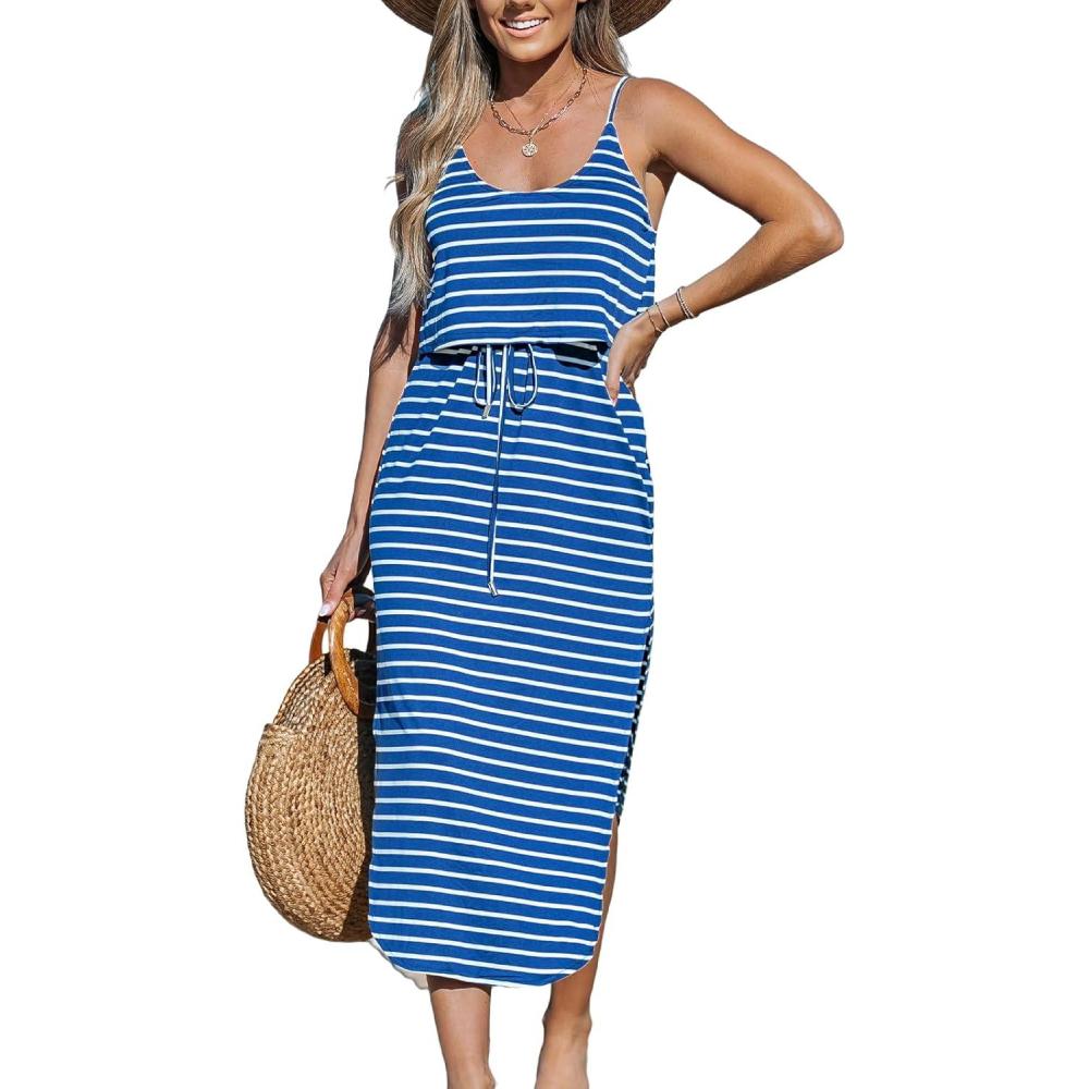 imageCUPSHE Womens Midi Dress Scoop Neck Ruffled Sleeveless Slit Drawstring Spaghetti Straps A Line Casual DressBlue Striped