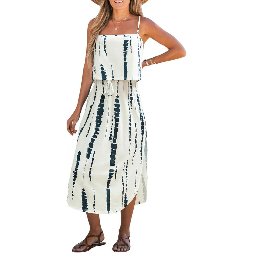 imageCUPSHE Womens Midi Dress Scoop Neck Ruffled Sleeveless Slit Drawstring Spaghetti Straps A Line Casual DressWhite Pattern