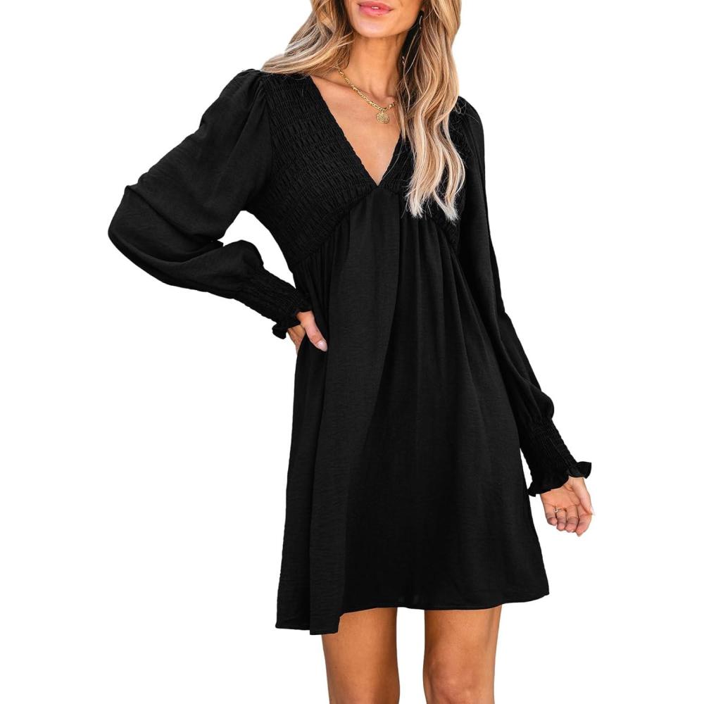 imageCUPSHE Womens Mini Dress Smocked V Neck Long Sleeve Empire Waist Casual A Line DressBlack