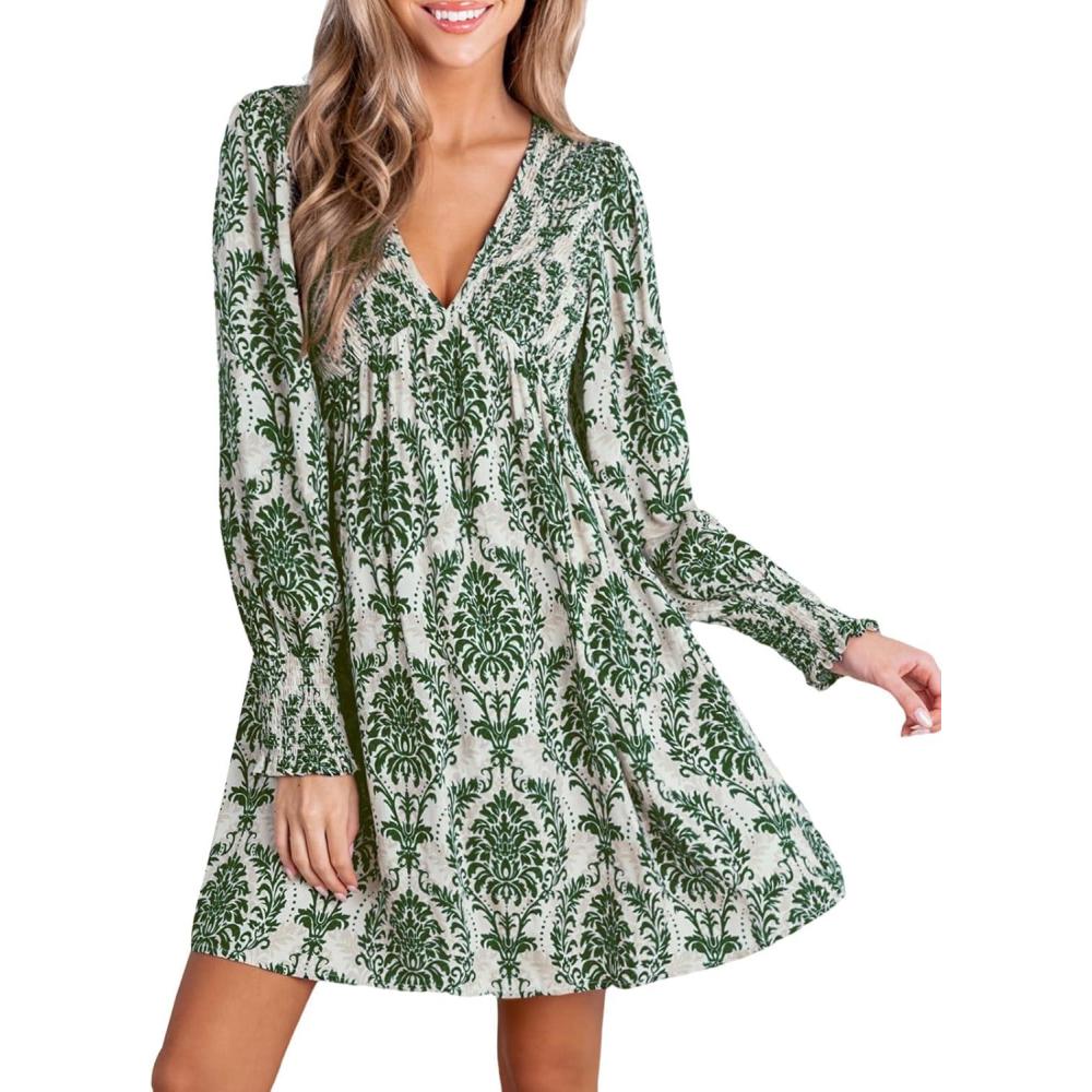 imageCUPSHE Womens Mini Dress Smocked V Neck Long Sleeve Empire Waist Casual A Line DressGreen Paisley