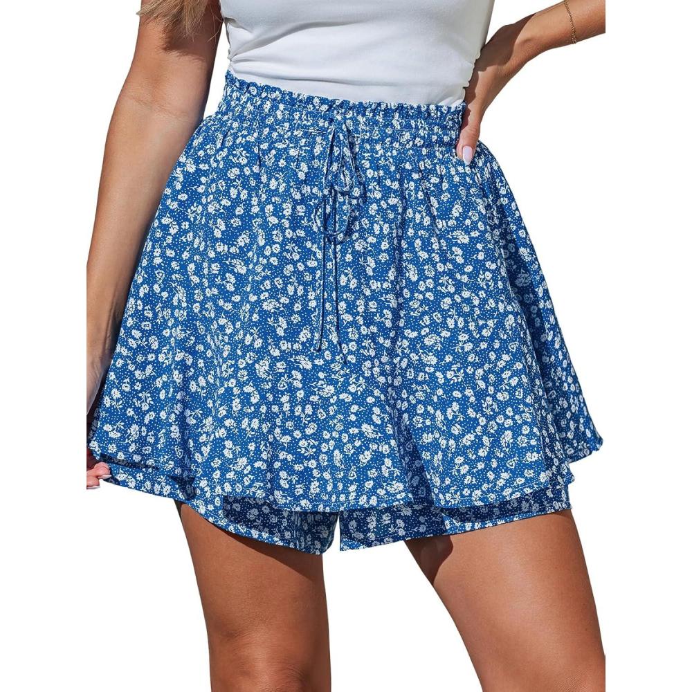 imageCUPSHE Womens Mini Skirt Floral Ruffle Hem Skort Smocked High Waist Drawstring SummerBlue
