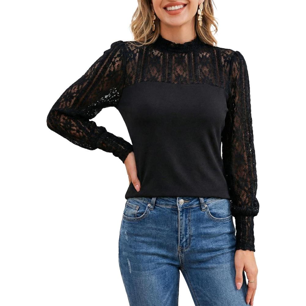 imageCUPSHE Womens Mock Neck Lace Tops Blouses Dressy Casual Sexy Floral Long Sleeve Mesh ShirtsBlack