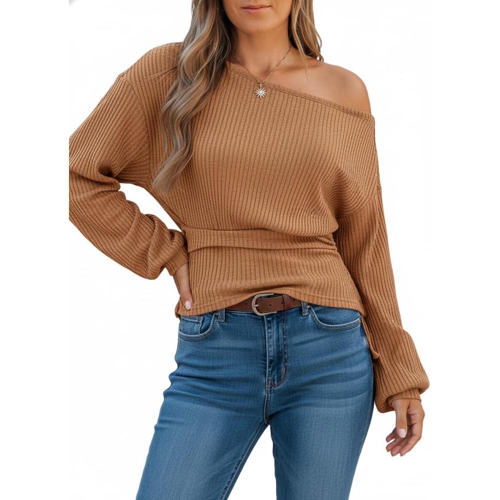 imageCUPSHE Womens Off The Shoulder Top Fall 2026 Oversized Knit Long Lantern Sleeves Pullover BlouseBrown