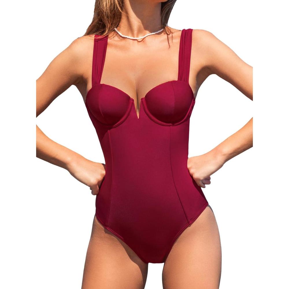 imageCUPSHE Womens One Piece Swimsuit Sweetheart Neck Bathing Suit Cutout Crisscross Back Wide Straps Self TieBurgundy Red