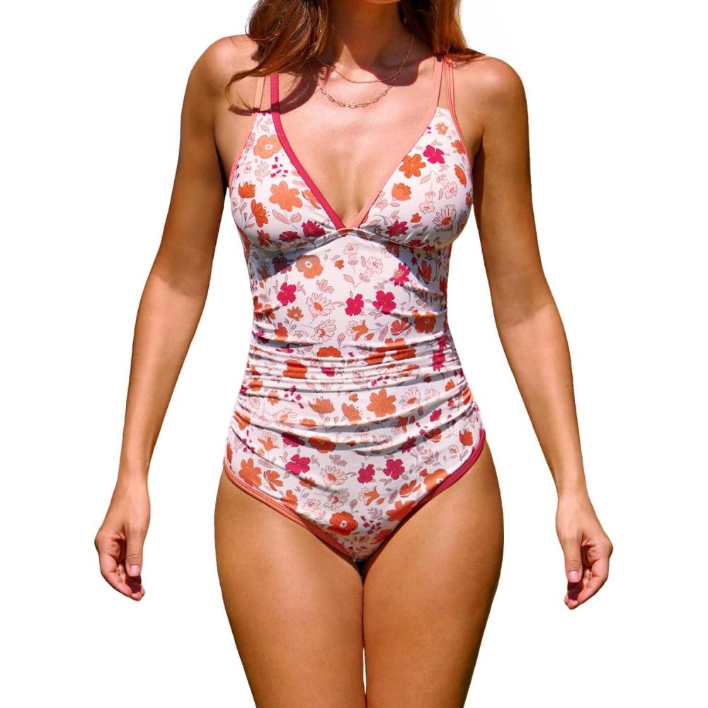 imageCUPSHE Womens One Piece Swimsuit V Neck Crisscross Back Cut Out Self Tie Color Block Ruched Bathing SuitWhitePink Floral