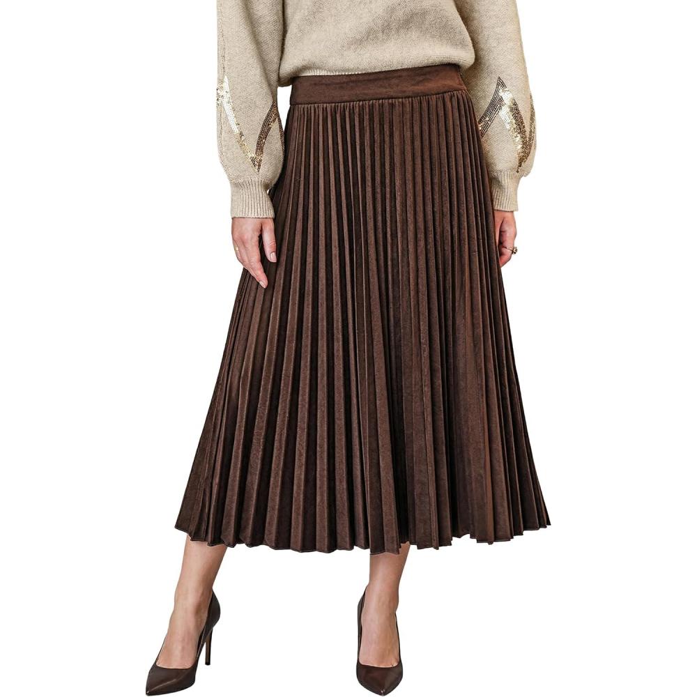 imageCUPSHE Womens Pleated Midi Skirts Dressy A Line Velvet High Waist Long SkirtBrown