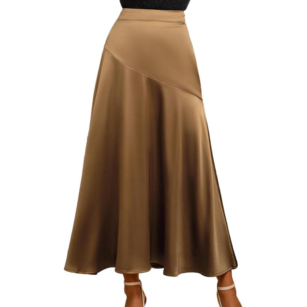imageCUPSHE Womens Satin Midi Skirts A Line High Waisted Flowy Elegant Long Skirt Casual Vacation OutfitsCoffee