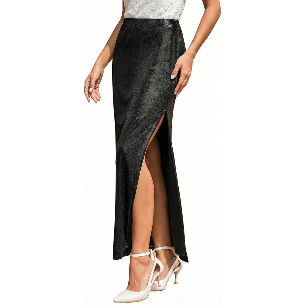 imageCUPSHE Womens Satin Skirt Flowy A Line Cocktail Party Wedding High Waist Long Midi Skirts Vacation Outfits2black