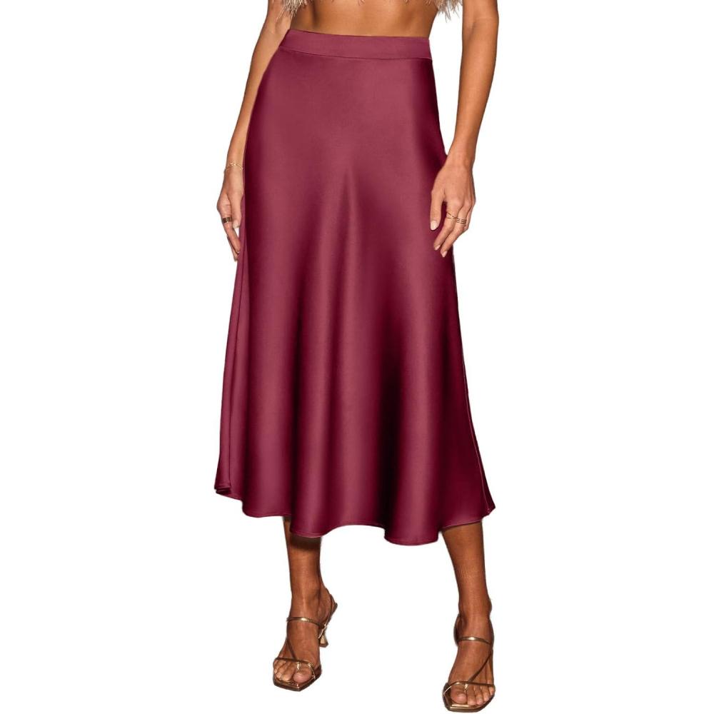 imageCUPSHE Womens Satin Skirt Flowy A Line Cocktail Party Wedding High Waist Long Midi Skirts Vacation OutfitsWine
