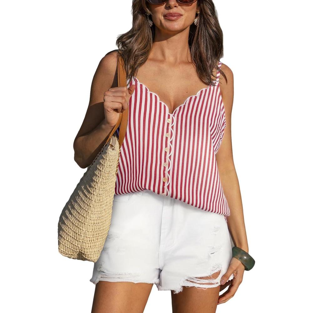 imageCUPSHE Womens Sleeveless Tank Top Striped Spaghetti Strap Scalloped V Neck Button Front Casual SummerRed