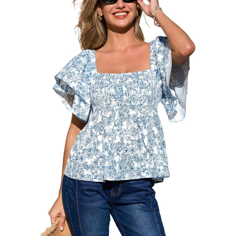 imageCUPSHE Womens Square Neck Smocked Peplum Top Ruffle Short Sleeve Babydoll Shirred BlouseBlue