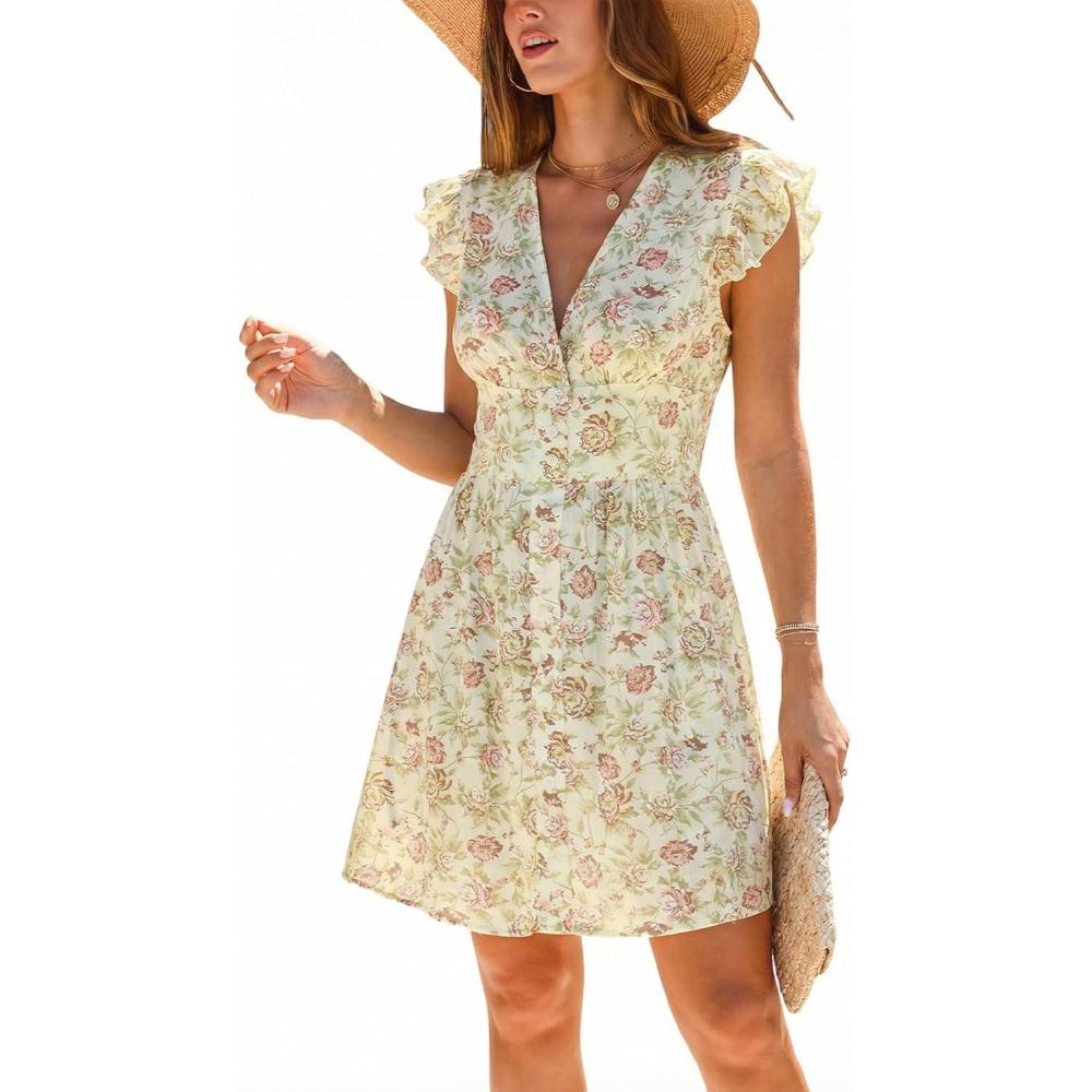 imageCUPSHE Womens Striped Summer Dresses V Neck Casual Mini Dress Flutter Sleeve Ruffle Button SundressesFloral Beige