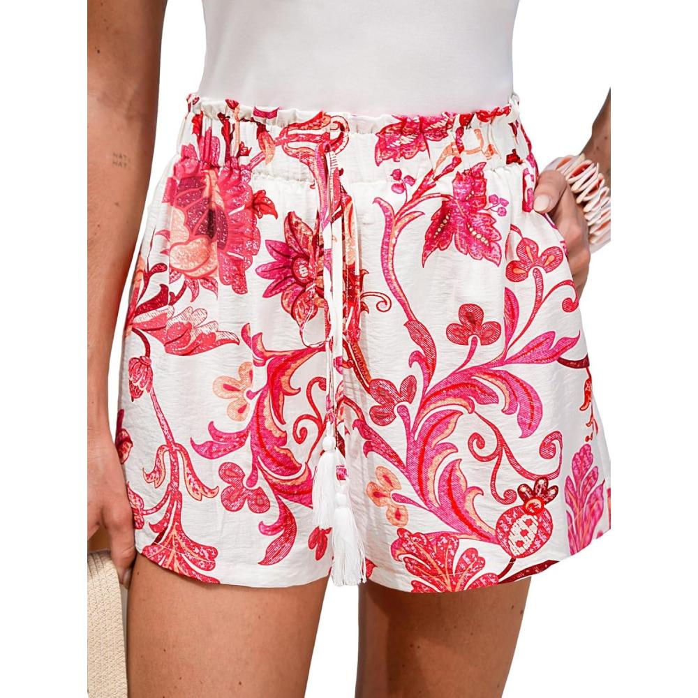 imageCUPSHE Womens Summer Beach Shorts High Waist Drawstring Wide Leg Printed Casual Shorts with PocketsRed Print