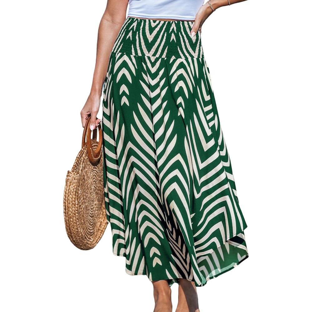 imageCUPSHE Womens Summer Skirts Abstract Smocked Midi Skirt High Waist Coverup Casual Vacation Beach SkirtGreen