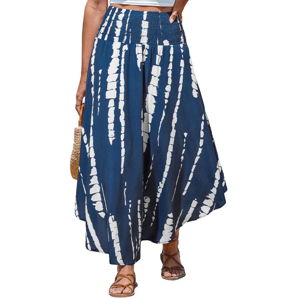 imageCUPSHE Womens Summer Skirts Abstract Smocked Midi Skirt High Waist Coverup Casual Vacation Beach SkirtNavy Blue