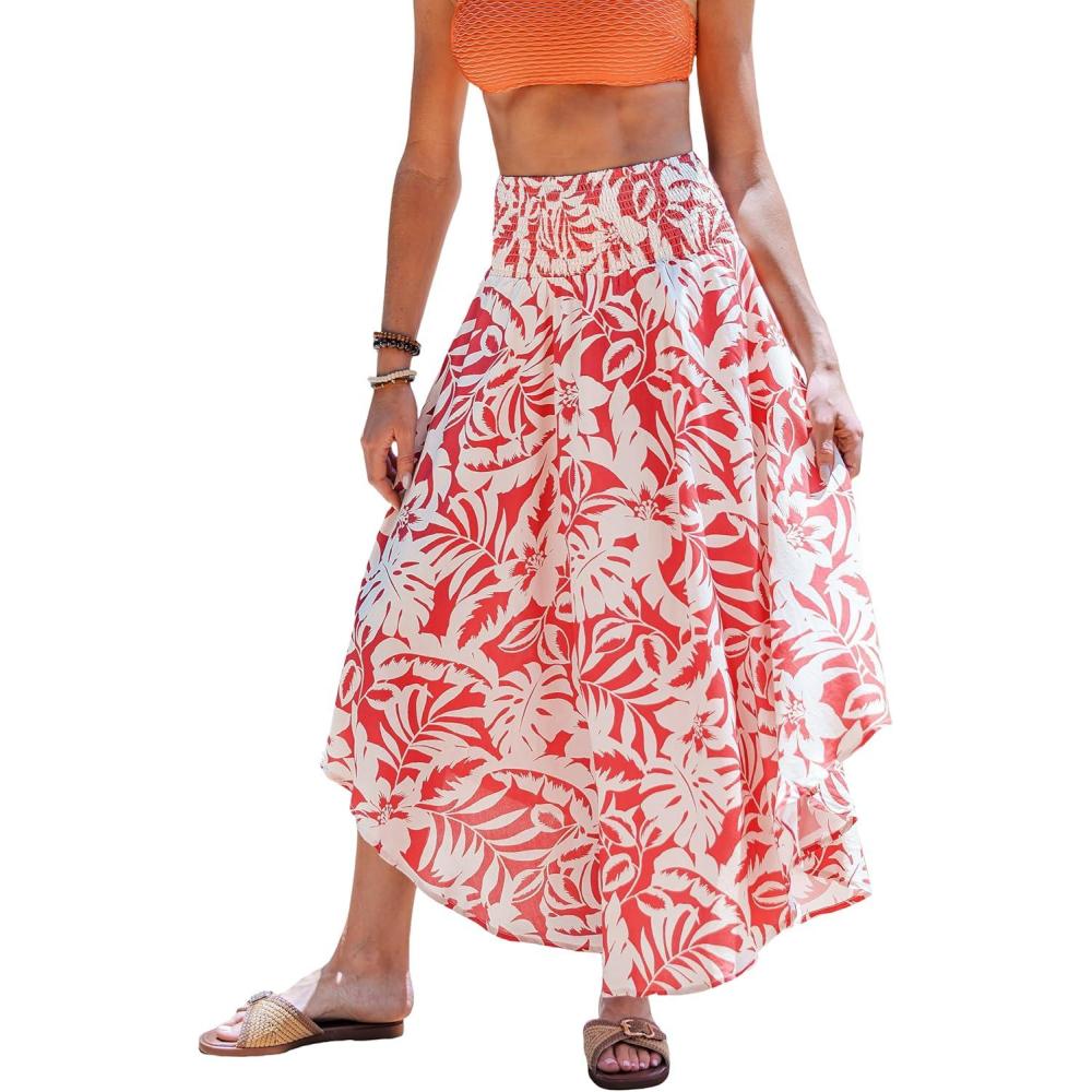 imageCUPSHE Womens Summer Skirts Abstract Smocked Midi Skirt High Waist Coverup Casual Vacation Beach SkirtPink Floral