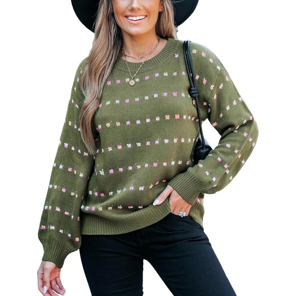 imageCUPSHE Womens Sweaters Rainbow Dots Long Sleeve Sweater Crewneck Lightweight Knit Pullover Sweater TopsGreen