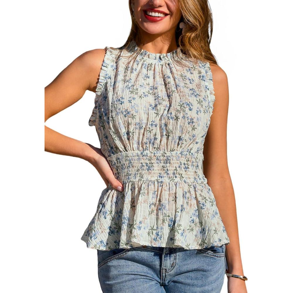 imageCUPSHE Womens Tank Top Floral Smocked High Neck Sleeveless Casual Dressy VacationBlue Floral